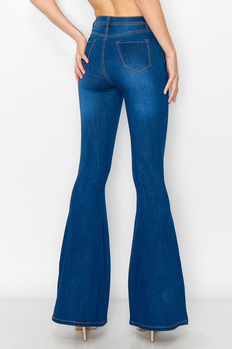 BC-066 HIGH WAISTED STRETCHY RIPPED BELL BOTTOM JEANS DARK BLUE