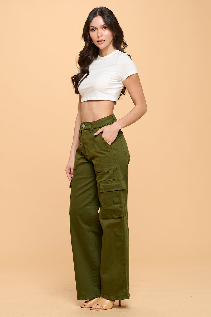 HIGH WAISTED STRETCHY CARGO PANTS LVB-600 OLIVE