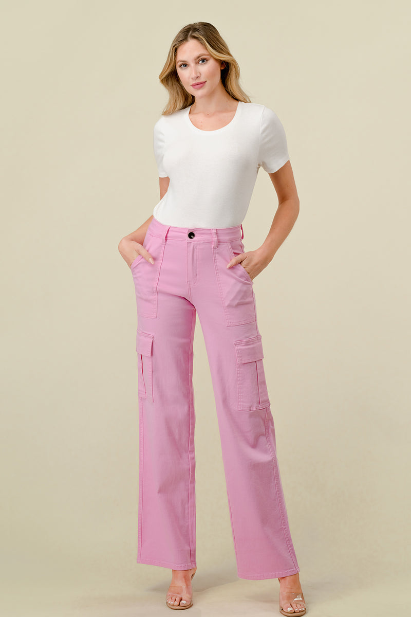 LVB-600 LIGHT PINK HIGH WAISTED STRETCHY WOMEN'S CARGO JEANS