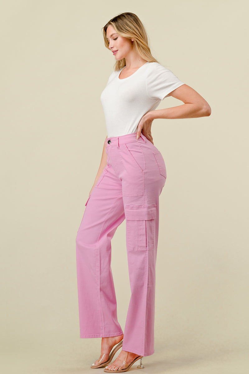 LVB-600 LIGHT PINK HIGH WAISTED STRETCHY WOMEN'S CARGO JEANS