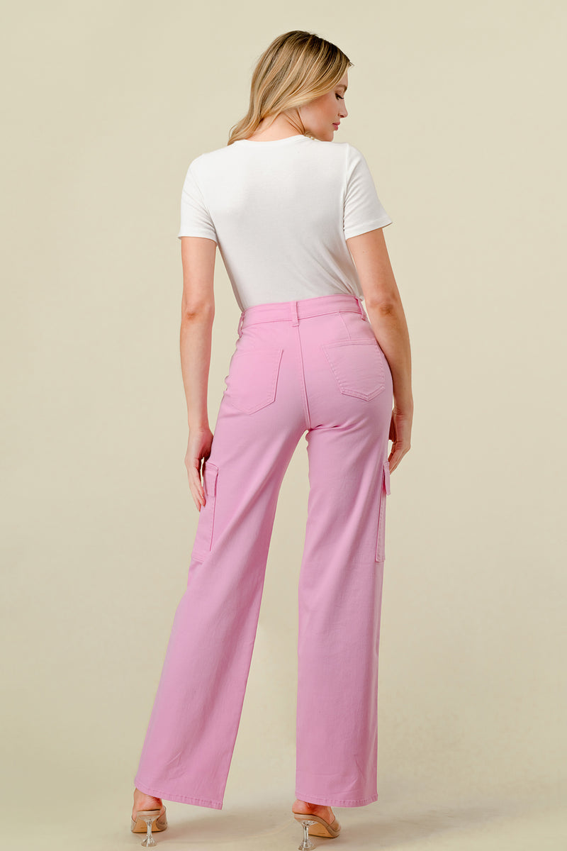 LVB-600 LIGHT PINK HIGH WAISTED STRETCHY WOMEN'S CARGO JEANS