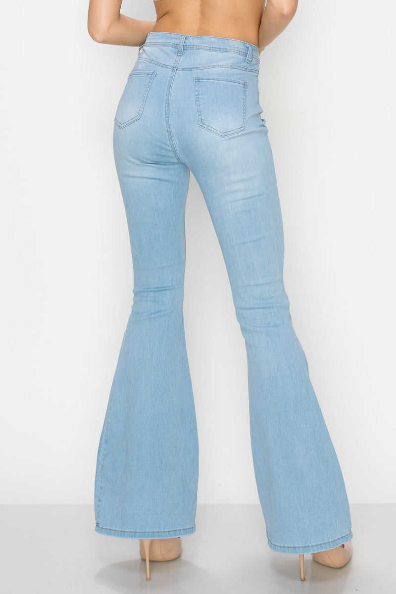 Womens Jeans High Waisted Stretch Flare Light Blue Wash Denim