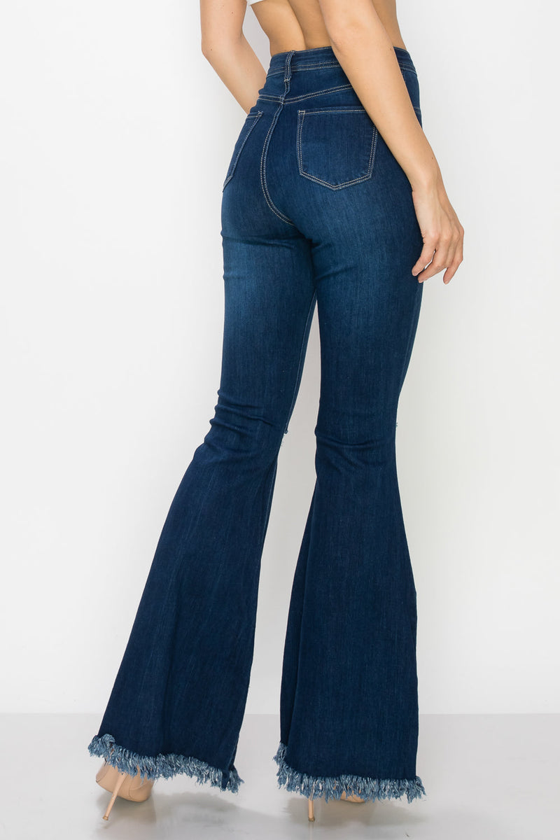 Mid Blue High Waisted Flare Ripped Jeans, Womens Jeans