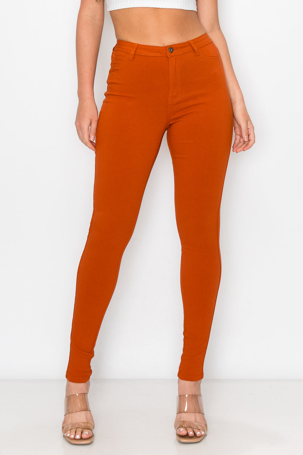 HIGH WAISTED COLORED SUPER-STRETCH JEANS RUST - LOVER BRAND FASHION